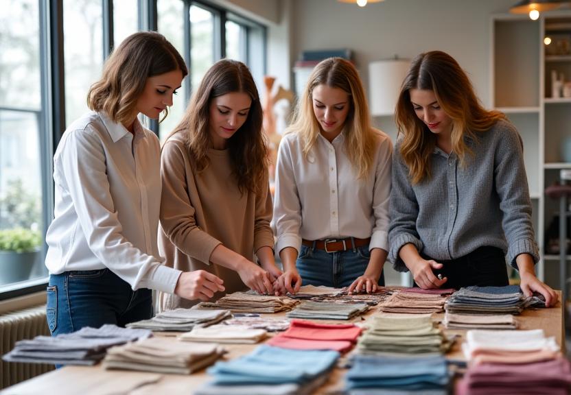 Designer selezionano campioni tessuti showroom